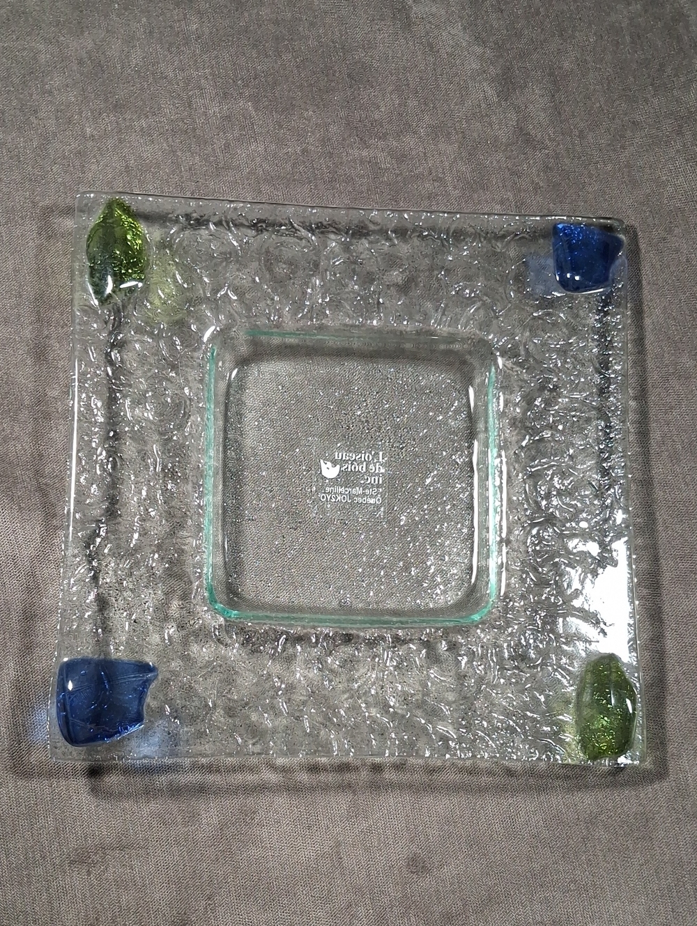 L'oiseau de bois Square Textured Fused Glass Dish Blue Green Accents NWOT